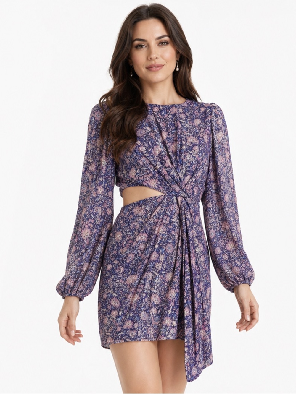 MAJE Cutout Metallic Fil Coupé Floral-Print Georgette Mini Dress SIZE LARGE NEW
